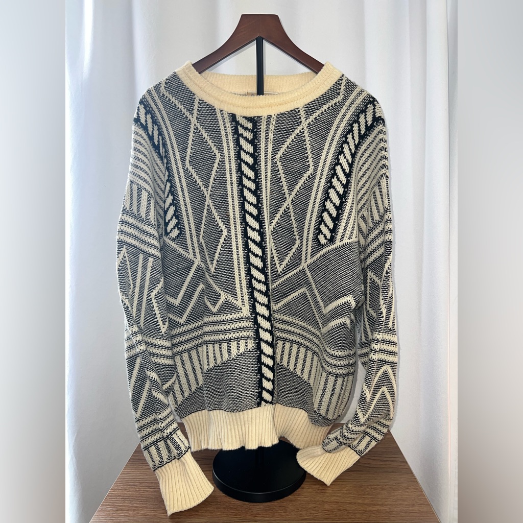 Vintage London Fog Black & Cream Wool Blend Geometric Grandpa Sweater Xl